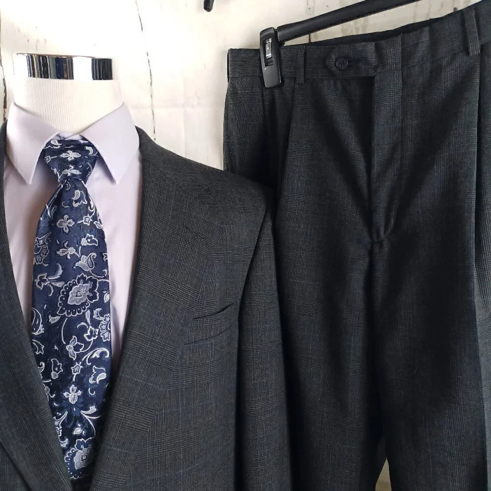 Lands'End 43L Wool 2 Button Multicolor Glen Plaid 2pc Suit 35x29 Pleated